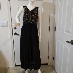 Cost Plus World Market Black Maxi Dress with Floral Embroidery